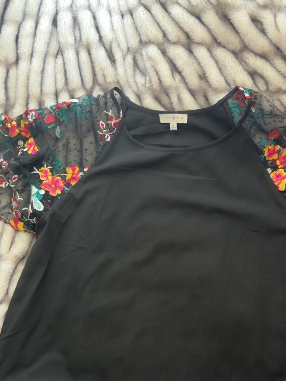 Umgee Black Top with Multicolor Embroidered Sheer Floral Sleeves